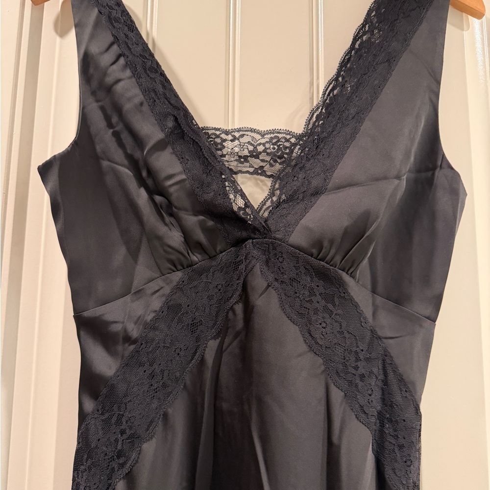 Black Satin Slip Dress with Lace Trim - Picture 3 of 3